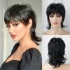 Short Black Wig Shaggy Layered 80s Mullet Wig Pixie Cut Wig With Bangs Curly Synthetic Natural Fake Hair Replacement Wigs for White Women Daily Party Cosplay Costume Halloween Use Wolf Cut Wig (Black)