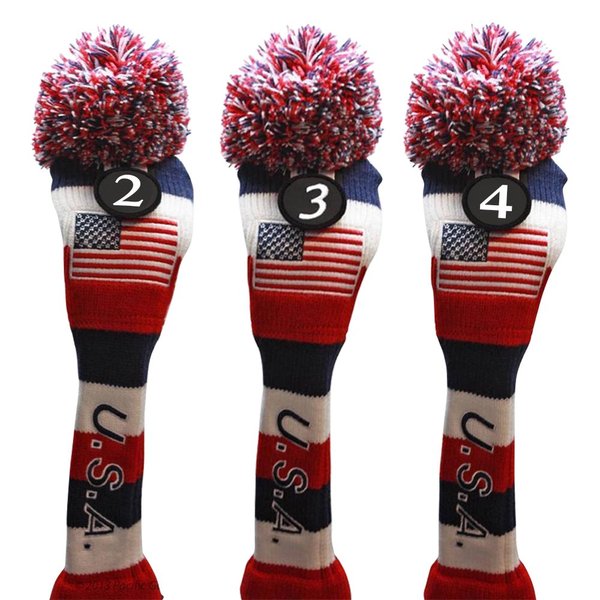 USA Majek Golf 2 3 4 Hybrid Set Headcovers Pom Pom Knit Limited Edition Vintage Classic Traditional Flag Stars Red White Blue Stripes Retro Head Cover 2-4 Set