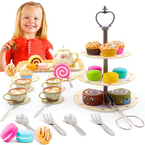Tea Party Set for Little Girls Pretend Play for Toddlers Princess Tea Time, 39 Pcs Kids Tin Tea Set Cups, Teapot, Plastic Cakes 3 Tier Cake Stand Gift Toys for Age 3-4 Years