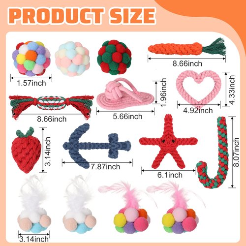 Sotiff 15 Pcs Ferret Toys Include 8 Ferret Rope Chew Toys and 7 Ferret Ball with Bell Toys for Guinea Pigs, Ferret Cage Accessories Durable Knotted Rope Tug Colorful Pompom Ball Toy Gift for Christmas