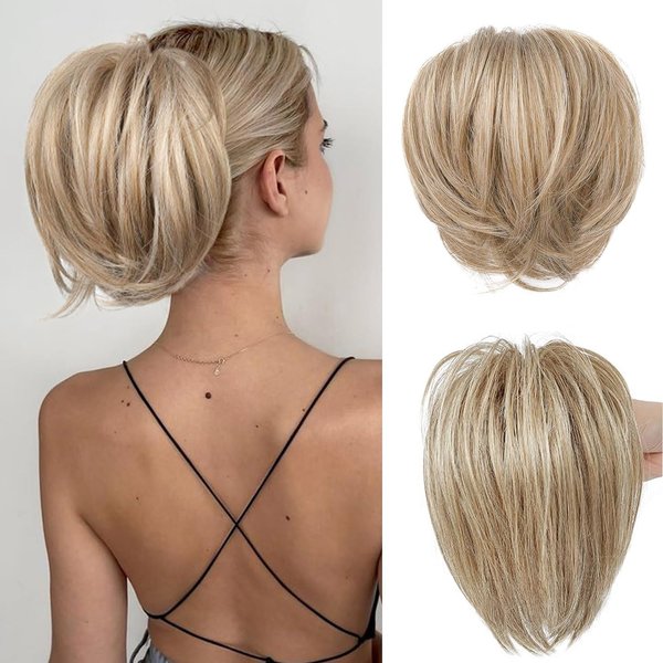 WZNBBOY Claw Clip Messy Bun Hair Piece Clip in Short Straight High Ponytail Extensions Tousled Updo Faux Hair Bun Scrunchies Hairpieces for Women（Champagne Golden Mix Blonde）