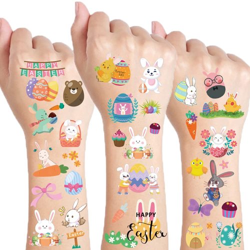 Easter Temporary Tattoos for Kids, 10 Sheets Easter Eggs Rabbit Tattoos Stickers Bunny Carrot Chick Print Waterproof Fake Tattoo Stickers for Easter Holiday Party Supplies Making Decor