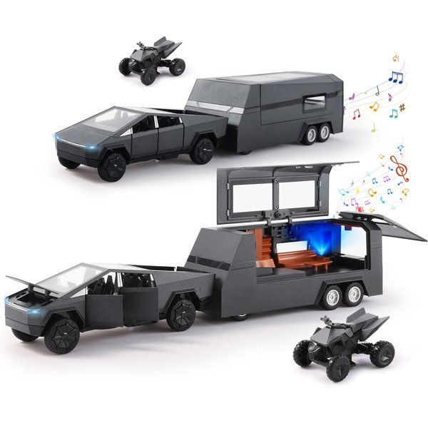 QUAFRET 1/32 Scale Toy Car Metal Model for Kid, Alloy Diecast Pickup Trailer RV Model Kit,Toy Truck with Sound and Light, Off-Road Vehicle Collections for Boy Girl Toddler Birthday