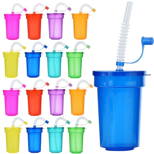 ALINK Plastic Kids Party Cups with Lids and Straws, 16pcs 12 oz Leak Proof Colorful Party Favor Cups for Birthday, Holiday, Events, Party Decoration Supplies