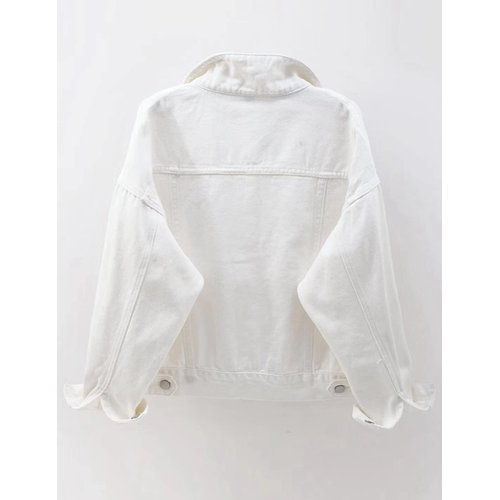 Locachy Women's Casual Denim Jacket Solid Color Basic Long Sleeve Jean Jacket Coat White M