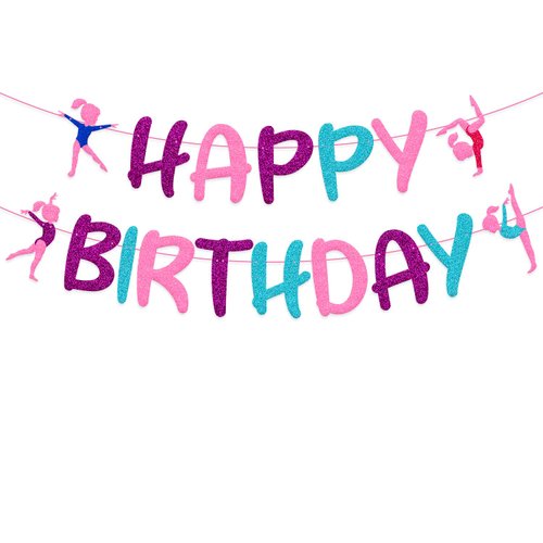 Gymnastics Birthday Banner Girl Gymnast Theme Happy Birthday Sign Party Decorations Glitter Purple Pink Blue Gymnastics Party Supplies