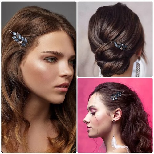 HINZIC 2Pcs 2inch Vintage Rhinestone Hair Clips Ink-Blue Sparkly Crystal Clips Flower Small Hair Barrettes Decorative Wedding Engagement Prom Valentines Hair Accessories for Women Girls Bride