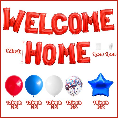 Welcome Home Decorations Red Blue,Welcome Home Foil Balloon Banner with Confetti Balloons,Blue Star Balloons for Patriotic Welcome Home Army Returning Party Supplies