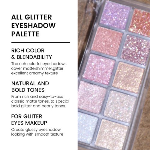 KYDA 10 Colors All Glitter Eyeshadow Palette, Sparkling Sequin Eyeshadow, Shiny Pearl Powder Eye Shadow, Multicolor Glitters Eyes Makeup, Pink Glitters Eyeshadsow Palette, Glitter Eyes Color