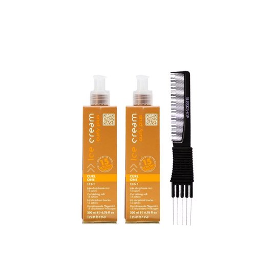 kuss Inebrya Ice Cream Curly Plus 15 in 1 Milk (6.76 oz) with Teasing Comb Pack of 2