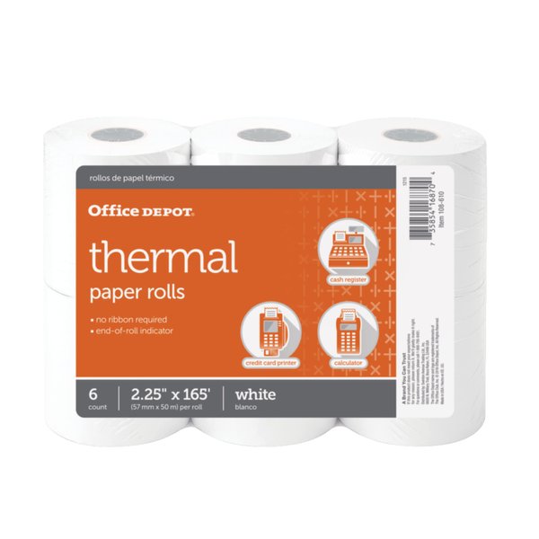 Office Depot Thermal Paper Rolls, 2 1/4in. x 165ft., White, Pack of 6, 108610