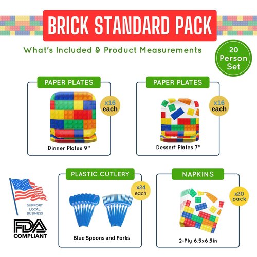 Brick Party Supplies Packs (100 Pieces for 16 Guests) - Building Block Party Supplies, Gamer Birthday Decorations, Gamer Party Supplies , Blocks Party Decor, Brick Birthday, Blue Orchards