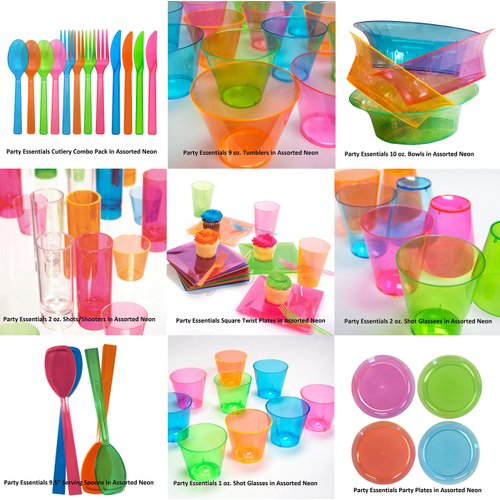 Party Essentials Hard Plastic Two-Piece Forks/Spoons Serving Utensil Set, 9-1/2-Inch, Assorted Neon Colors, Set of 6