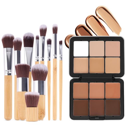 Professional Makeup Cream Contour Concearler Palette, 12 Colours Concearler Full Coverage & Makeup Brush Set, Face Make Up Gift for Women Girls, A