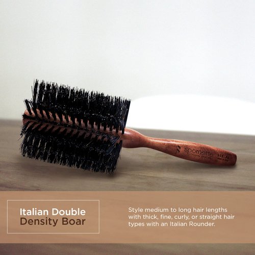 Spornette Italian Rounder 3 Inch Hair Brush (#955-XL) - Round Double Density Boar Bristle Brush With Wooden Handle For Blow Drying, Styling, Volumizing, Straightening And Curling Medium To Long Hair