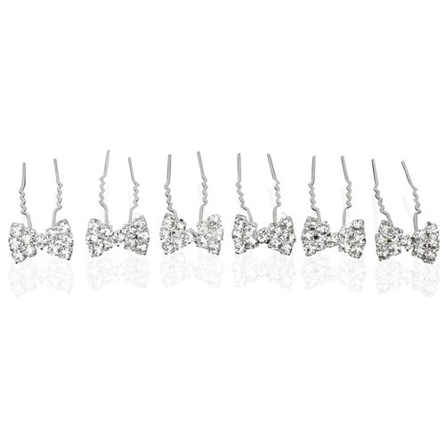 Rhinestone Bowtie Silver Tone Bridal Hair Pins (Pack of 12)