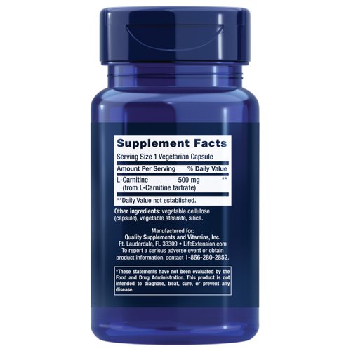 Life Extension L-Carnitine – 500 mg, Energy Supplement, Memory Supplement – Free Form Amino Acid, Nitric Oxide Support, Healthy Blood Pressure – Gluten-Free, Non-GMO, Vegetarian – 30 Capsules
