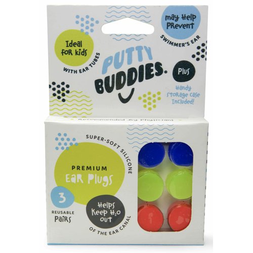 PUTTY BUDDIES Original Swimming Earplugs, 3-Pair Pack (Red/Blue/Yellow)