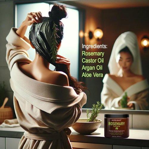 MYSTÉRE BEAUTÉ Rosemary Hair Treatment - with Collagen, Biotin, Argan Oil for Dry, Damaged, Curly Hair - Strengthening Deep Conditioner for Split Ends & Growth - 8.45 fl oz