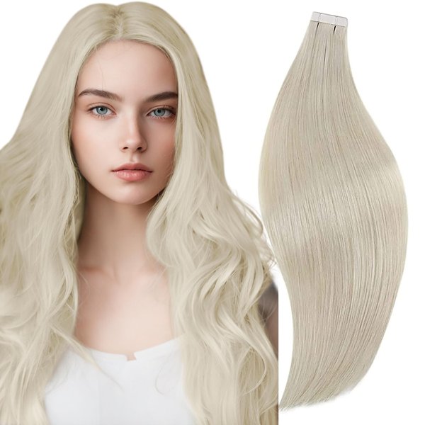 RUNATURE Blonde Tape in Hair Extensions Human Hair Seamless Tape in Extensions Remy Hair Skin Weft Ice Blonde Human Hair Tape in Extensions Straight Glue in Hair Extensions Silky 10 Inch 30g 20pcs