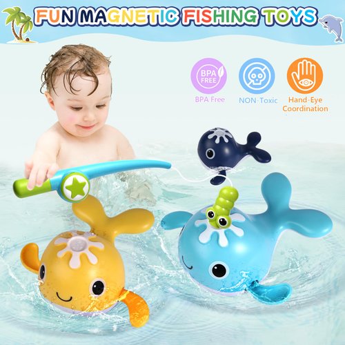 FICCURYS Baby Bath Toys Set,Wind Up Pool Toys for Toddlers 1-3,Kids Magnetic Fishing Toys with Fishing Rod,Fishing Net and 4Pcs Brightly Colored Whales,Boys and Girls Birthday Gifts