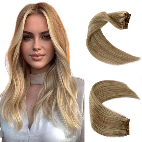 Licoville Clip in Human Hair Extensions 20 Inch Balayage Dark Brown with Bleach Blonde Highlight Real Hair Extensions Clip ins Human Hair 70g 5pcs Silky Blonde Hair Extensions Clip in for Women