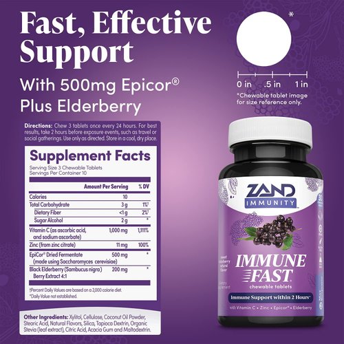 Zand Immune Fast Elderberry Chews | Boosts Immune Response & Cell Activity w/EpiCor* & Vitamin C, 30 Tablets, 10 Serv.