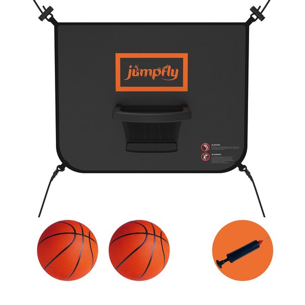 jumpfly Trampoline Basketball Hoop - Trampoline Basketball Hoop Attachment with Enclosure, Durable Basketball Hoop for Trampoline with 2 Mini Basketballs, 1 Pump & Breakaway Rim, Black