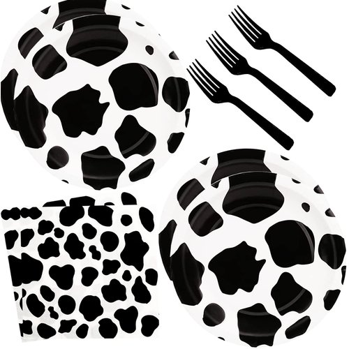 60Pcs Cow Print Party Supplies Cow Party Themed Tableware Set 7"Cow Print Paper Plates and Cow Napkins Fork for Kids Cow Themed Birthday Party Decorations (Serve 20 Guests) (Cow)