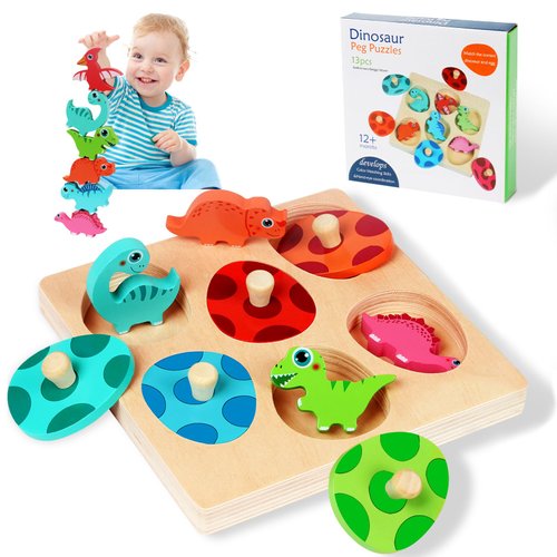 Wooden Puzzles for Toddlers 1-3, Dinosaur Wooden Toddler Puzzle, 6 Pcs Dinosaur Matching Egg Puzzle, Montessori Toys, Learning Color Sorting Shape Puzzles, Boy Girl Easter and Christmas Birthday Gifts