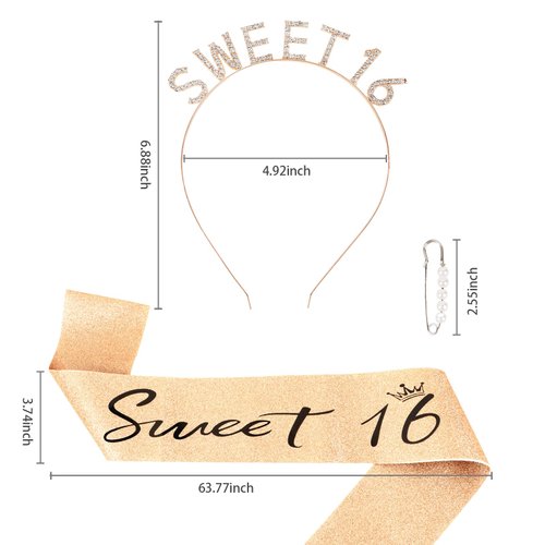 Sweet 16 Birthday Sash & Rhinestone Sweet 16 Birthday Headband Kit-Gold Sweet 16 Party Decorations Sweet 16 Gifts for Girls Happy 16th Birthday Party Favors