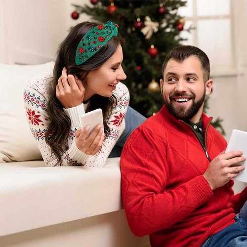 Christmas Headband for Women Holiday Christmas Accessories Beaded Xmas Bow Tree Snowflake HOHOHO Knotted Headband Red Green Crystal Pearl Top Knot Headband Festive Holiday Gifts (Xmas Bow 4)