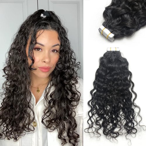 Luwigs Natural Curly Wave Tape in Extensions Human Hair Natural Color Tape in Hair Extensions for Black Women Water Wave Seamless Skin Weft 50g 20pcs (14 Inch, Natural Curly)