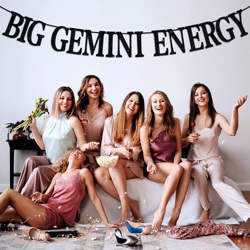 Black Glitter Big Gemini Energy Banner, Gemini May/June Birthday Party Decor - 12 Constellation Theme Birthday Party Decorations Supplies