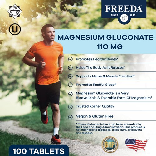 Freeda Magnesium Gluconate - Kosher Vegan Magnesium Supplement for Men & Women - Leg & Muscle Cramp and Spasm Relief - Natural Muscle Relaxer - Magnesio Vitamins and Supplements (500 Tablets)
