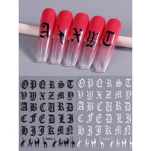 Letter Nail Art Stickers Black White Alphabet Old English Character Stickers Self-Adhesive DIY Nail Decals Retro Gothic Nail Stickers for Nail Art Big Letter Nail Art Design Cute Nail Decals 4PCS