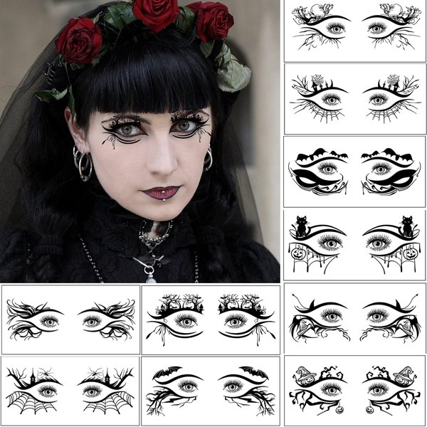 Halloween Eyeliner Sticker Temporary Eye Shadow Stickers Eyeliner Decals, Bat Spider Web Cat Pumpkin Eye Tattoo Stickers Women Makeup Stickers for Halloween Cosplay Masquerade Party