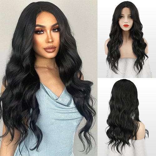 FESHFEN Long Wavy Black Wigs for Women, 26 Inches Middle Part Body Wave Wigs Lace Front Synthetic Wig for Daily Party