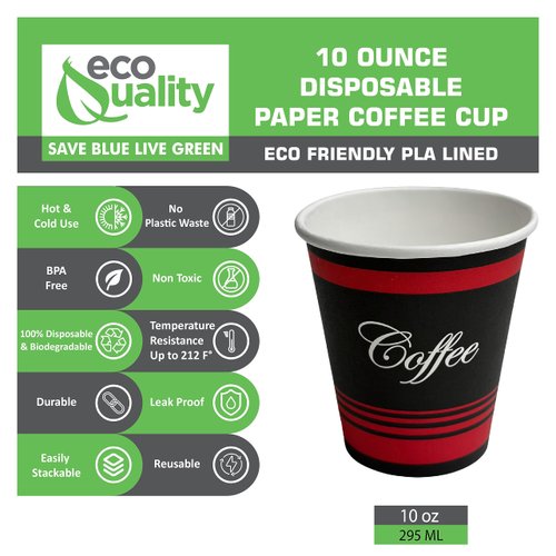 EcoQuality 1000 Pack - 10oz Classic Durable Disposable Paper Coffee Hot Cups For Hot/Cold Drink, Coffee, Tea, Cocoa, Travel, Office, Home, Cider, Hot Chocolate, To go (10 ounce - 1000 Count Cups)