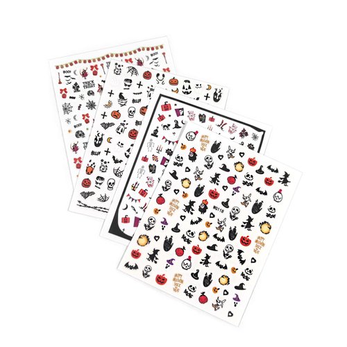 Quacc 4 Sheets Halloween Nail Art Stickers Self-Adhesive DIY Nail Decals Stickers with Pumpkin, Spider Web, Skull, Bat, Witch, Ghost, Candy for Halloween Party Nail Decoration