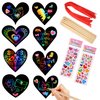28 Pieces Valentine Crafts Scratch Paper Ornaments Heart Shape Rainbow Scratch Craft Art, with 28 Pieces Wooden Styluses,28 Pieces Ribbons, and 2 3D Puffy Stickers, for Valentine DIY Art Decorations