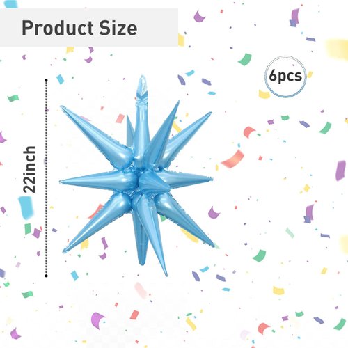 6 Pcs Light Blue Star Foil Balloons One-Piece 14-Pointed Star Balloons 4D Starburst Cone Mylar Balloons 22inch Christmas Birthday Wedding Wedding Anniversary Party Supplies(Light Blue)