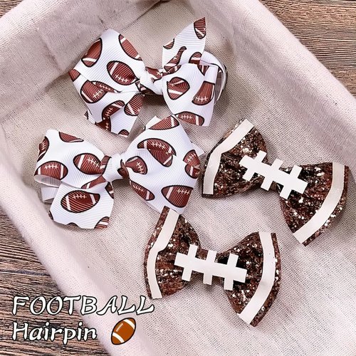 HIFANMM Football Hair Bows for Girls, 4pcs Football Printed Glitter Hair Clips, Super Bowl Baby Hair Accessories Alligator Barrettes Hair Bowknot Toddlers Kids for Party Princess Cosplay Decoration