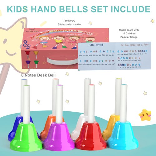 Hand Bells, 8 Note Musical Handbells Set with 17 Songbook Musical Toy Percussion Instrument for Toddlers Children Kids for Children's Day Family Activity School and Church (Multicolored)