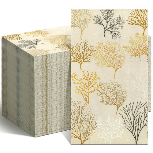 Geyoga 100 Pcs Sea Fans Guest Napkins 2 Ply Coral Themed Bathroom Napkins Ocean Beach Disposable Hand Towels Decorative Paper Napkin for Buffet Kitchen Bathroom Birthday Bridal Baby Shower Wedding