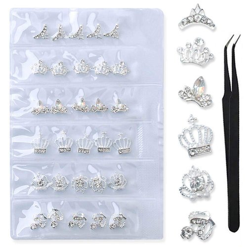 WOKOTO 30 Pcs 3D Alloy Crown Nail Charms For Nail Art 3D Decoration Set Silver Crown Nail Studs Rhinestones Clear Crystals Manicure Jewelry With 1pc Tweezers For Actylic Nails