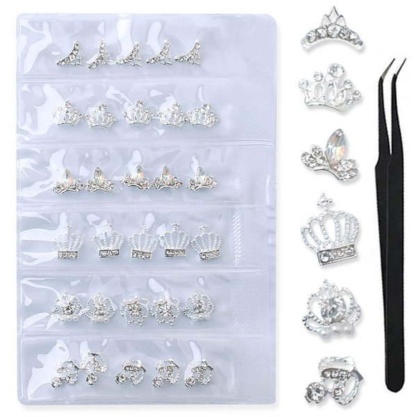 WOKOTO 30 Pcs 3D Alloy Crown Nail Charms For Nail Art 3D Decoration Set Silver Crown Nail Studs Rhinestones Clear Crystals Manicure Jewelry With 1pc Tweezers For Actylic Nails