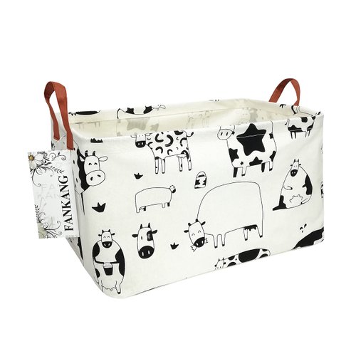 FANKANG Storage Basket,Nursery Hamper Canvas Laundry Basket Foldable with Waterproof PE Coating Storage, Office, Bedroom, Clothes,Toys(L, Rec-cows)