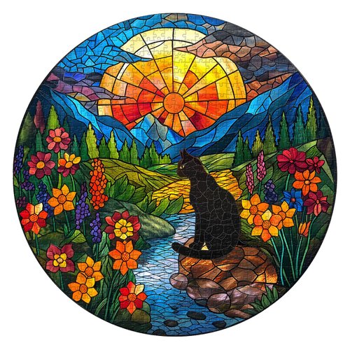 PICKFORU Cat Stained Glass Puzzles for Adults 1000 Pieces and up, Colorful Flower Cat Puzzle, Difficult Mosaic Round Kitty Puzzle as Home Wall Art Decor
