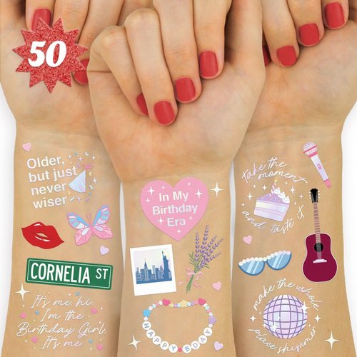 xo, Fetti Eras Birthday Temporary Tattoos - 50 Iridescent Styles | Bday Decorations, Birthday Girl Party Accessory, Karma Theme Favor, Concert Gift, Cute Bday Supplies